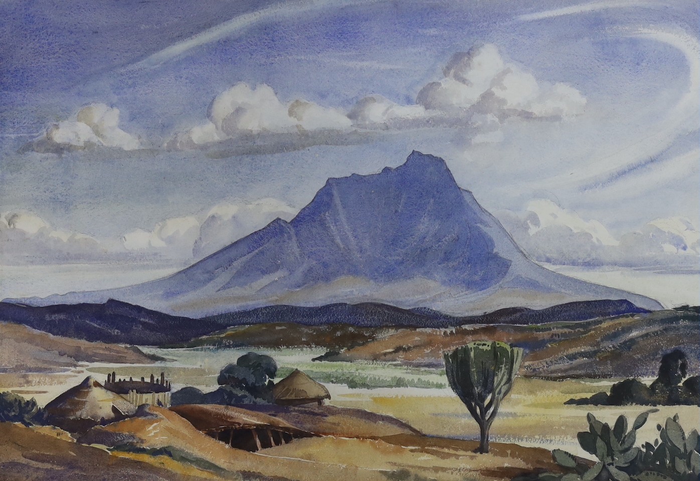 South African, watercolour, African landscape, inscribed on frame 'Mr Bunker JP', 43 x 62cm